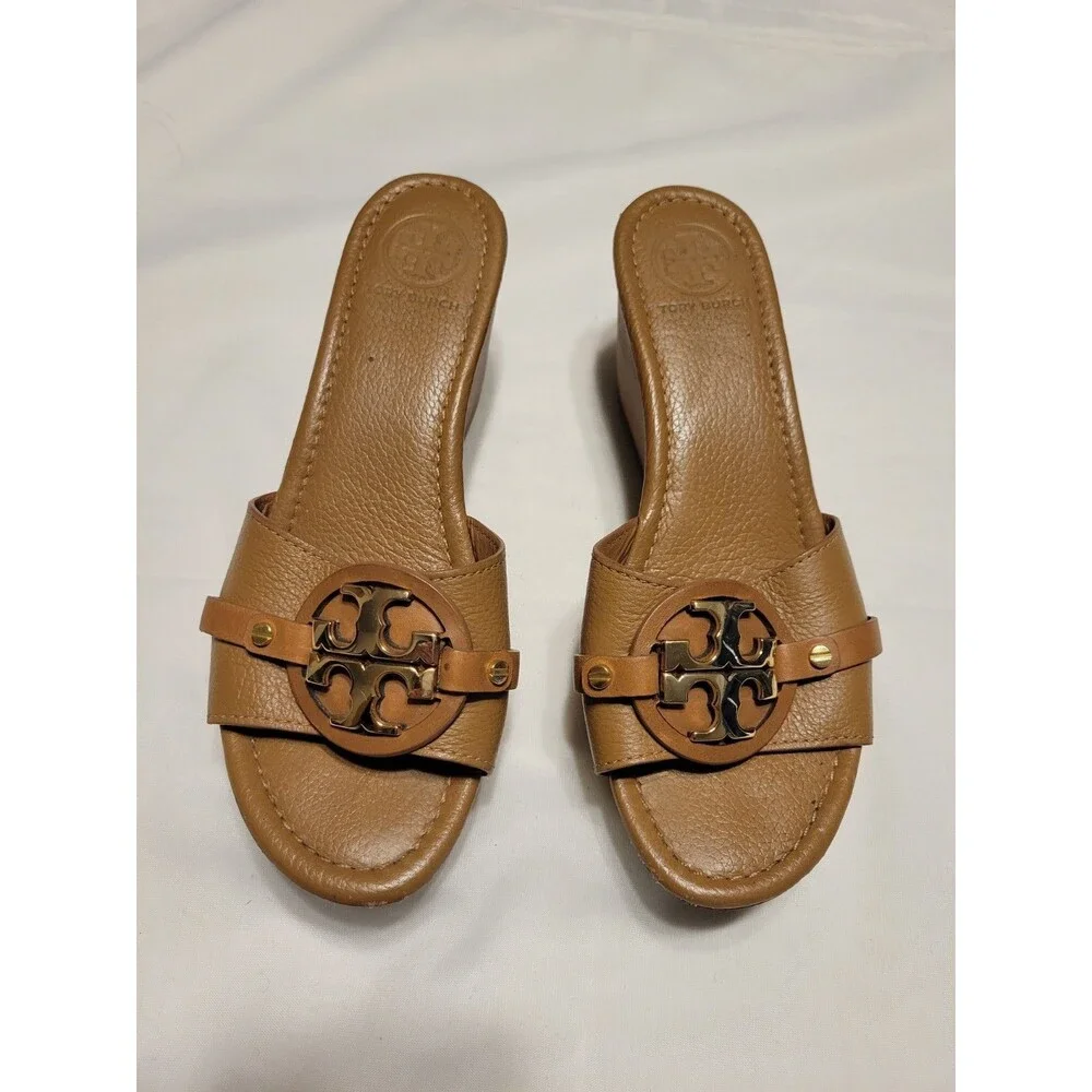 Tory Burch Women's Brown Leather Logo Wedge Slide Slip-On Sandals Size 7.5